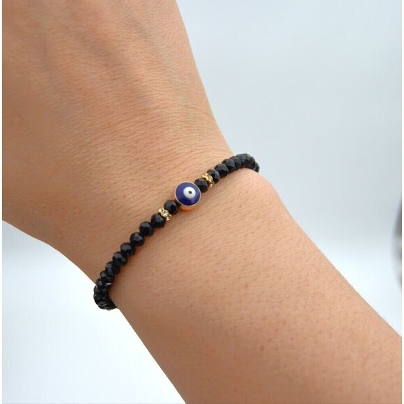 🧿 Black Evil Eye Bracelet Gold Rhinestones Crystals NEW From Turkey - Picture 3 of 3